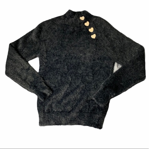 Modern Vintage Sweaters - Heart Pearl Button Fuzzy Mock Neck Sweater